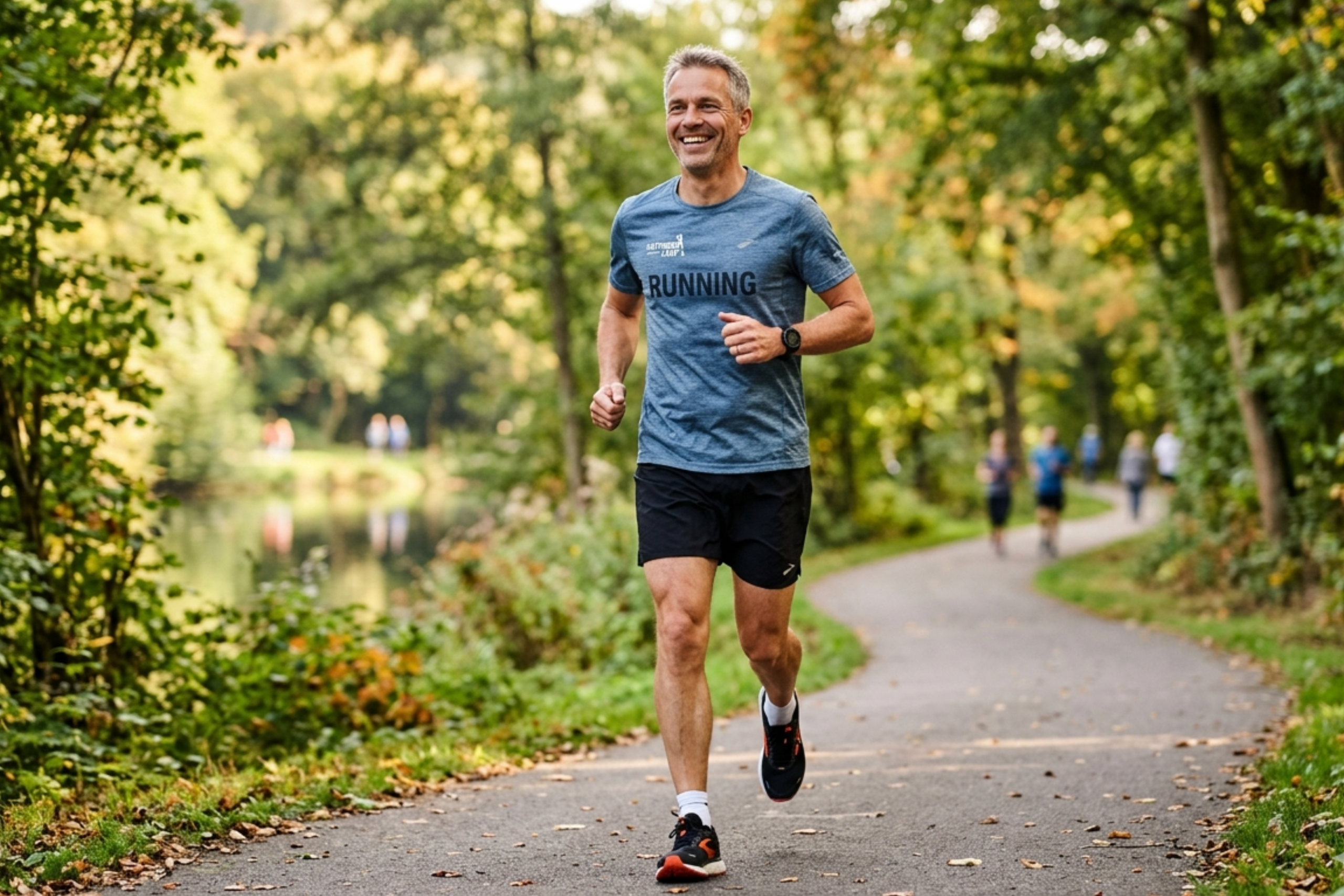 Aktive Bewegung als Schlüssel zur Langlebigkeit – Mann läuft energiegeladen durch die Natur für mehr Fitness, Vitalität und Lebensqualität.